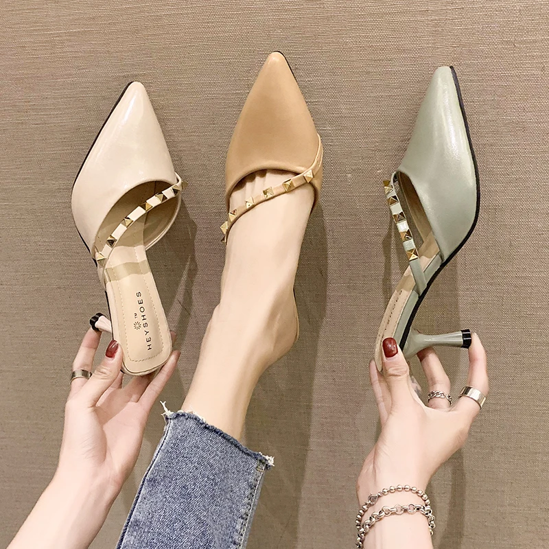 

Beige Heeled Sandals Med Rivet Slides Cover Toe Shoes Thin Heels Women's Slippers 2019 Black Sliders Pointed New Luxury Rubber