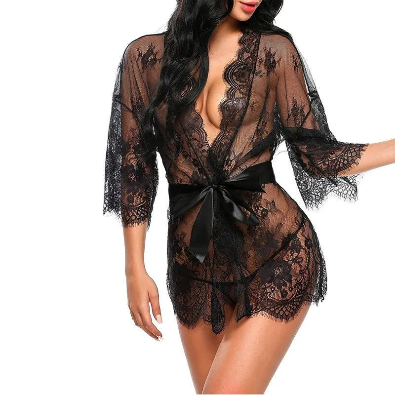 

Sexy Lingerie Women Underwear Lace Babydoll Nightdress Sheer Lace Robes with G-string Babydoll Women Sleepwear