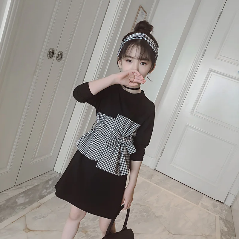 Online Vestidos de algodón de manga larga de retazos a cuadros negros para Niñas Ropa de primavera