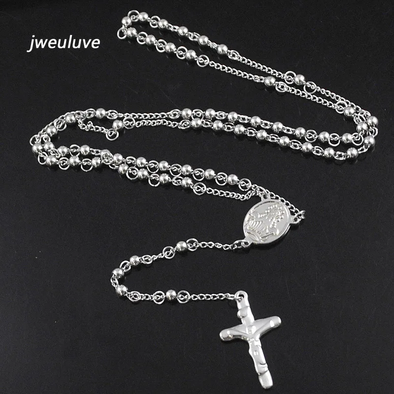 AMUMIU длинное ожерелье, новинка, Трендовое черное ожерелье из нержавеющей стали для женщин/мужчин, ювелирные изделия,, крест, четки, кулон, ожерелье HN083 - Окраска металла: Silver