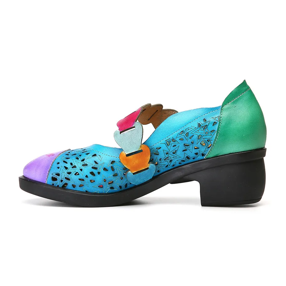 Retro Handmade Pumps Women Shoes 2019 Summer Genuine Leather Lady Shoes Mixed Colors Mid Heel Mary Jane Shoes Woman Plus Size 42 (6)