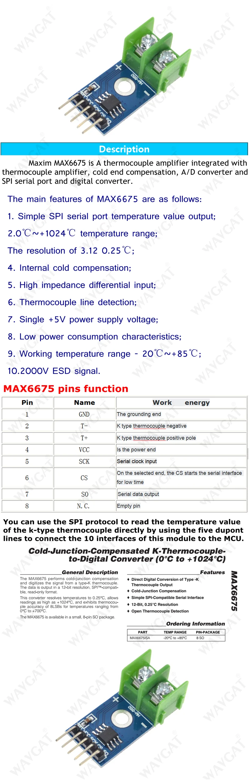 WAVGAT MAX6675 k-тип термопары Температурный датчик температуры 0-800 градусов модуль