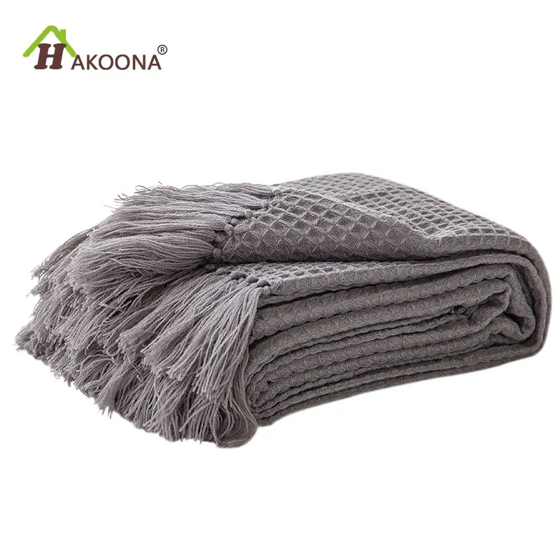 

HAKOONA Brand Waffle Blanket Thin Throw Blanket Plaid Solid Bed Sheets Summer Throw Blanket On Sofa 130cm*160cm (with fringe)