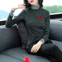 Европа Новинка Осень Женская мода Водолазка с длинным рукавом вышивка футболка Топы женские тонкие негабаритные элегантные под рубашки