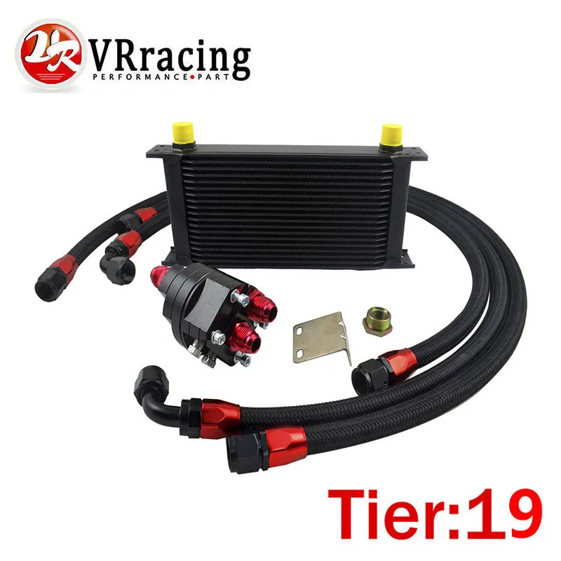 

VR RACING - UNIVERSAL 19 ROWS ENGINE OIL COOLER+ALUMINUM OIL FILTER/COOLER RELOCATION KIT+3PCS NYLON BRAIDED HOSE+ADAPTER
