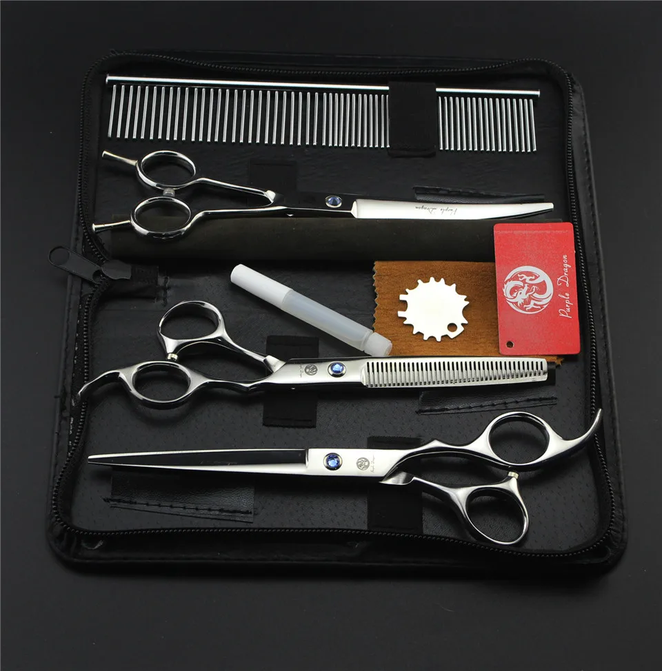 

Pet Grooming Scissors Set 8 Inch Professional Japan 440C Dog Shears Hair Cutting Straight + Curved + Thinning Scissors Comb Bag