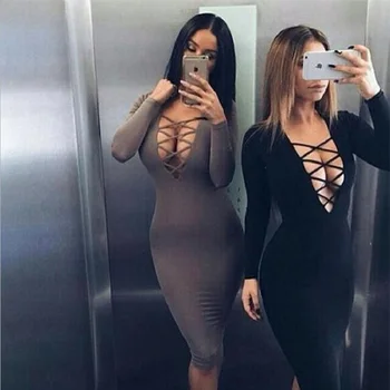 European Style Sexy Women Tight Dress Cross Straps V Neckline Dress Long Sleeve Bodycon Dress Free Shipping v neckline fluted sleeve gingham top