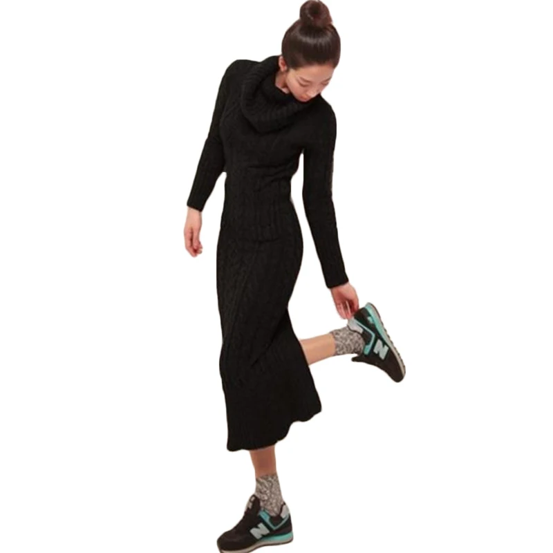 

2019 New Winter Europe Women Dress Thick Warm Turtleneck Knit Pullover Sweater Dress Maxi Dress DX200