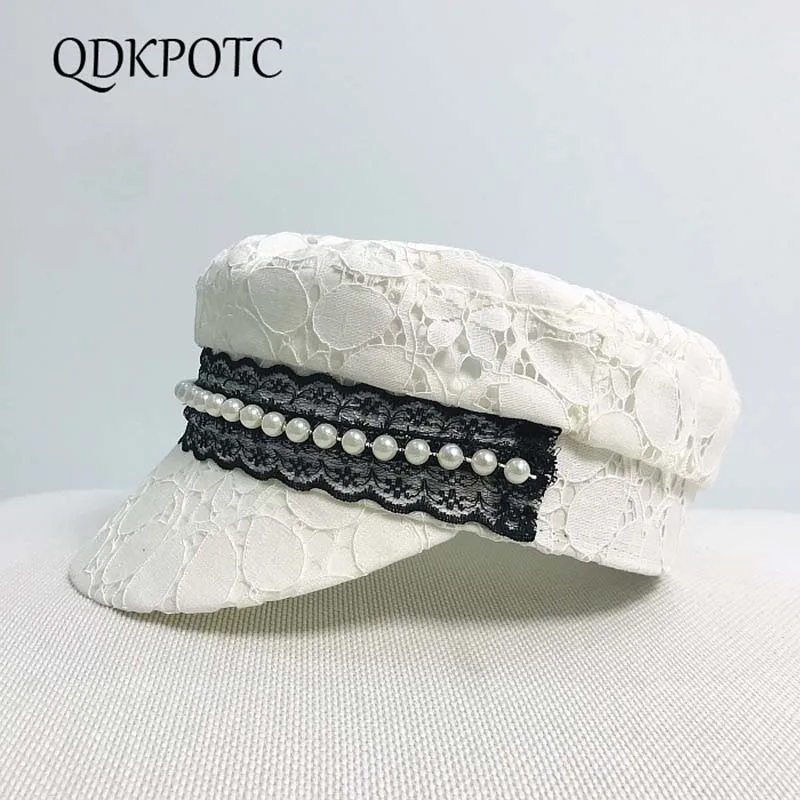 

QDKPOTC New Fashion Lace Pearl Military Hat Spring Summer Sailor Women Black White Flat Top Caps Female Travel Cadet Captain Hat