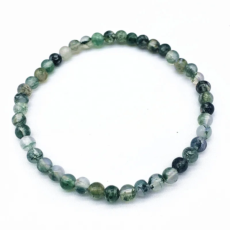 Moss Agate 4 мм натуральный камень браслет из бисера для женщин мужчин или девочек 18,5 см ручная работа ювелирные изделия Lapis Rose Quartzs Кристалл Красные Каменные черные бусины - Окраска металла: Moss Agate