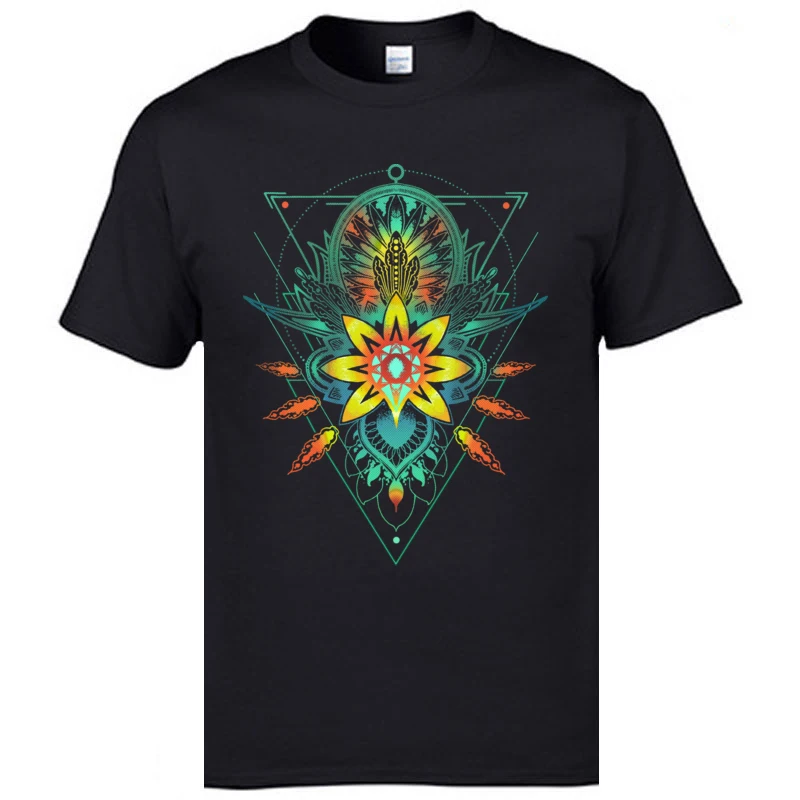 Tees Summer Clothing Shirt Summer Hip Hop comfortable Short Sleeve 100% Cotton Crewneck Mens T-Shirt comfortable Geometric Triangle Mandala Ornament Lotus Flower black
