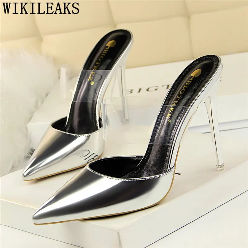 

Patent leather transparent shoes pointed toe high heels mules shoes women stiletto bigtree shoes tacones altos mujer sexy buty