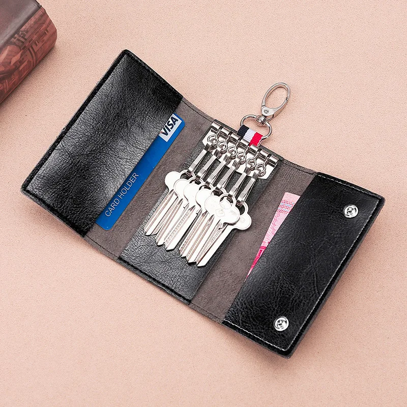 

PU Leather Man Key Wallets Short Square Cowhide ID Card Holder Zipper Multi-function Car Key Chain Wallet