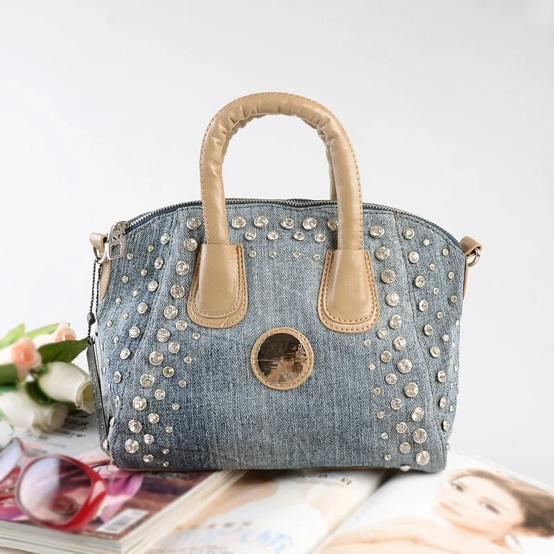 

New Vintage Fashion bolsa feminina Diamonds Beading Denim Jeans Women Top Handle HandBags Evening Bags Totes For Female