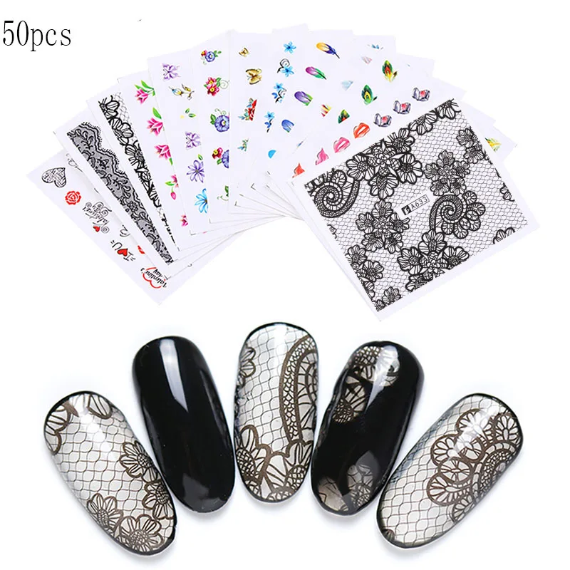 55/50/48/30/24pcs жидкость для Стикеры летние яркие разноцветные дизайнерские наклейки переводятся при помощи воды и цветочной окраской/перо Нейл-арт Декор Красота советы - Цвет: 50pcs