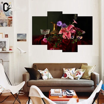 

4 Piece Classical Pink Flowers and Cups Kitchen Wall Art Canvas Painting Print Wall Pictures For Living room Dinning Room Decor