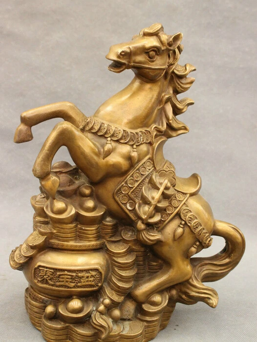

11" Folk Chinese Bronze Year Zodic Wealth Coin Treasure Bowl Up Horse Statue