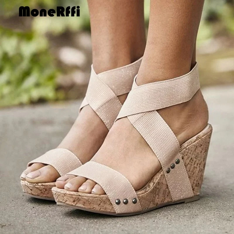 

MoneRffi Summer Women Sandals 2019 Fashion Female Round Head Wedges Flats Retro Elastic Band Thick Bottom Sandals Plus Size New