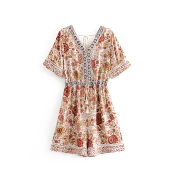 

2019 Bohemian Floral Print Hollow Out Wide Leg Rompers Women V-Neck Lace Up Loose Jumpsuit Adjustable Waist Overalls