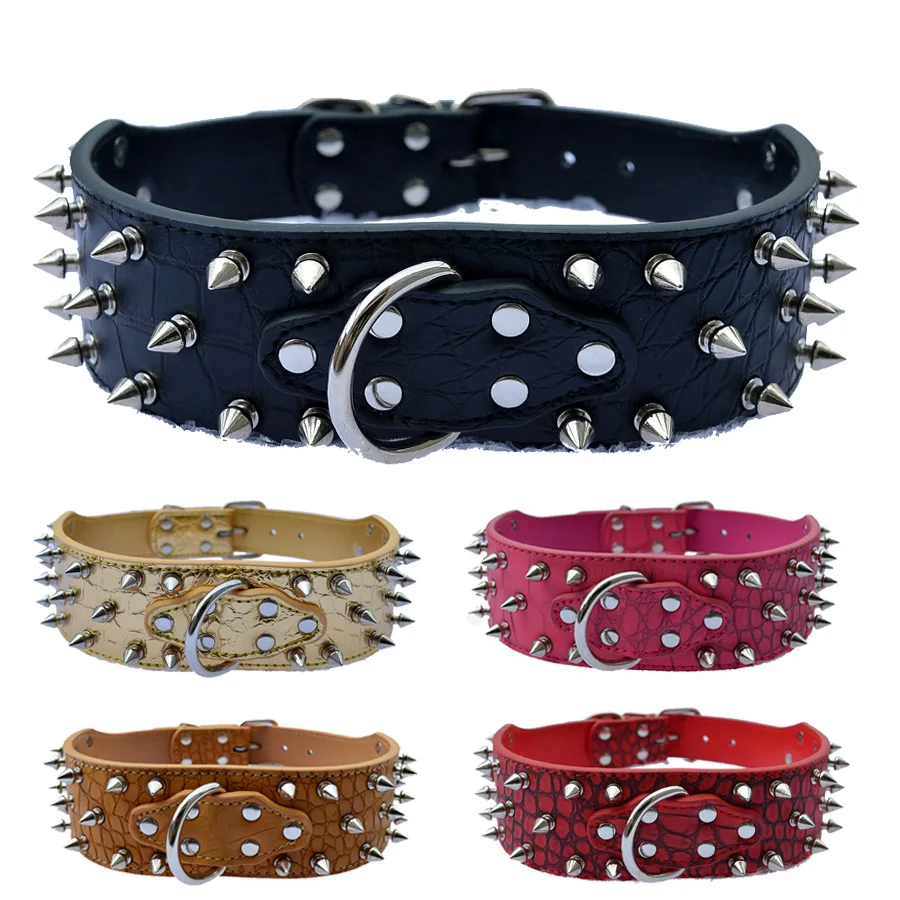 Large Pet Dog Collar 2 Inch Wide Croc Leather Spiked Dog Collars For