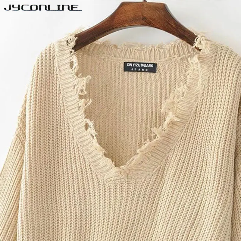 JYConline Sexy Knitted Sweater Women Jumper Black White V-neck Ripped Pullover Sweater Pull Femme Oversized Sweater Knitwear Top