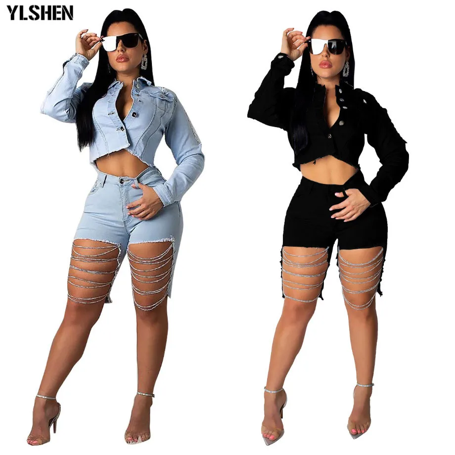 Lengan Panjang Kasual Jean Crop Top 