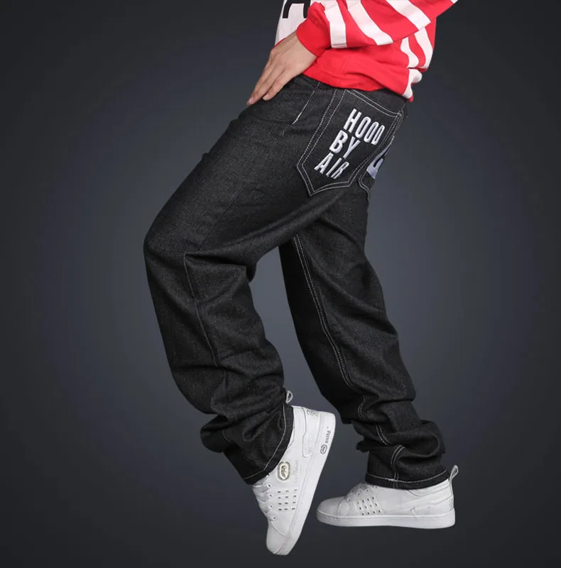 

Men Summer Loose Fashion Jeans Letter Decorated Mid-Waist Black Color Baggy Styles Full-Length Zipper Fly Denim Plus Size Jeans