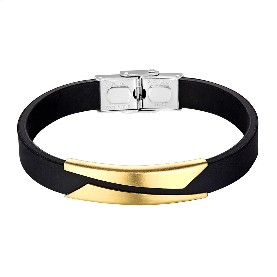 Silicone Bracelet Men Stainless Steel Buckle Black Silica Gel Silicone Bracelet Men Stainless Steel Buckle Black Silica Gel Bracelets Bangle Punk Rubber Wristband Jewelry Pulsera Hombre