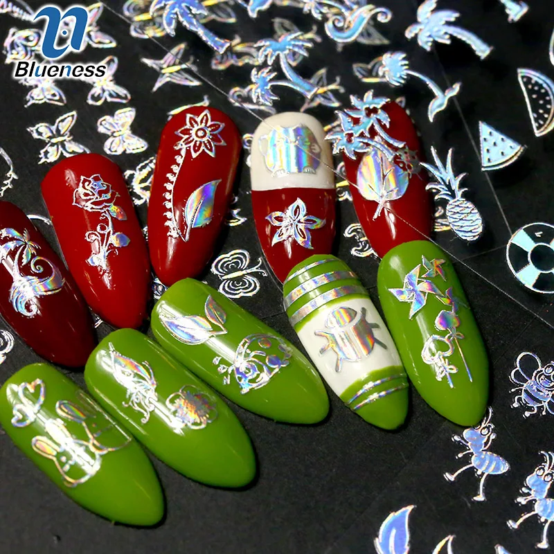 Синяя 12 шт. Лазерная Сова полоса голографическая Хамелеон собака дизайн бабочка шары Rondomly наклейки для ногтей Дизайн ногтей украшения