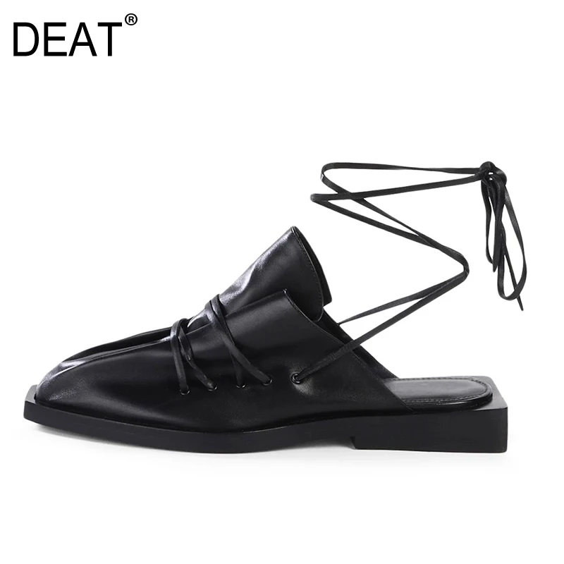 

[DEAT] 2020 New Spring Summer Square Toe Shallow Pu Leather Bandage Casual Simple Flat Sandals Women Fashion Tide 10B543