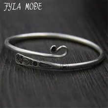 Fyla Mode Thailand Handmade 990 Sterling Silver Bracelet Flower Fish Engraved Carved Thai Silver Bangle 3.20mm 17.60G WTB070