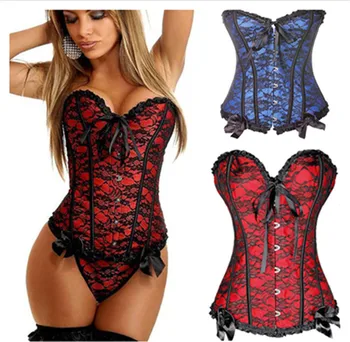 

Women's Lace Up Satin Boned Overbust Waist Trainer Corsets And Bustiers Bodyshaper Top Plus Size G-string Push up Shapewear 6XL