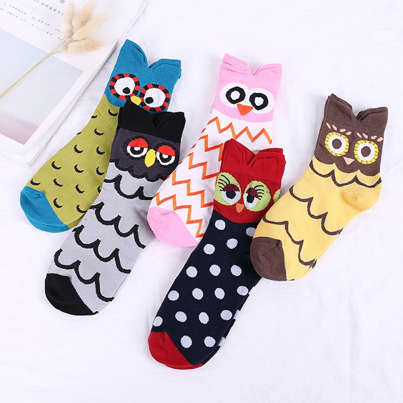 

Harajuku Cute Women Socks Men Cartoon Owl Pattern Colorful Individual Cotton Socks Short Unisex Casual Mid Tube Breathable Socks