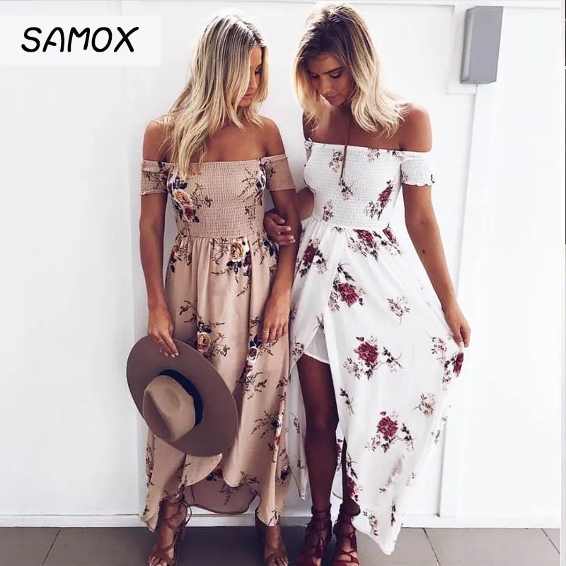 

JSMY 2019 New Summer Fashion Women Bohemian Style Printing Off-the-shoulder Beach Holiday Split Dress