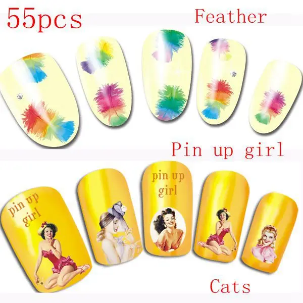 55pcs Fashion Water Slide Nail Decals Transfers Cats Pin Up 55pcs Fashion Water Slide Nail Decals Transfers Cats Pin Up Feather Stickers Toes