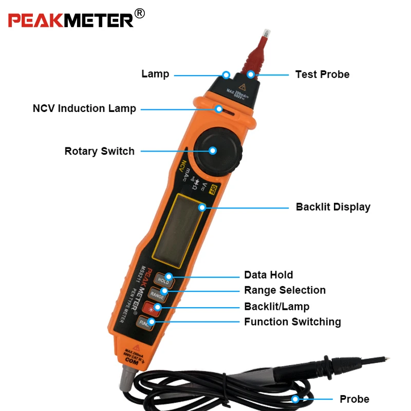 NCV цифровой мультиметр, Peakmeter PM8211 2000 отсчетов Ручка Тип lcd DC/AC напряжение Мегаомметр Амперметр мультитестер