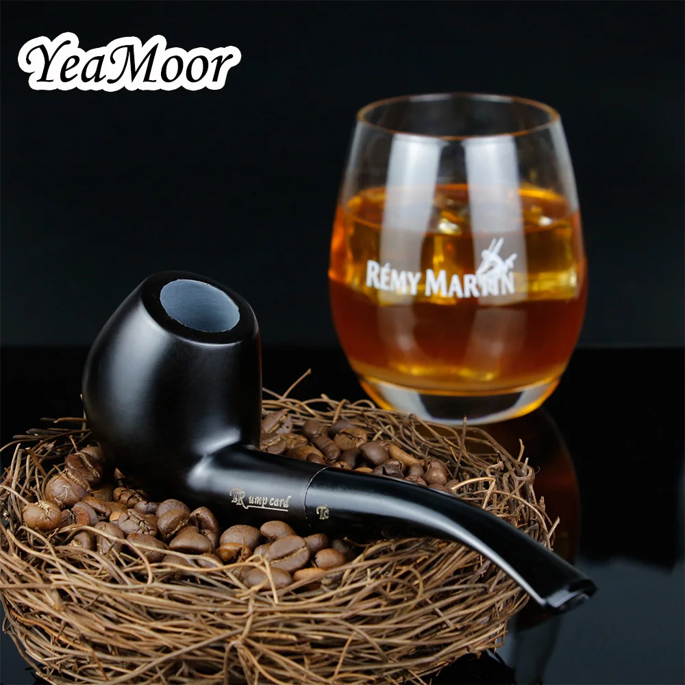 Baratos Nueva pipa de tabaco negro puro 9mm Filtro de Pipa de madera de ébano tradicional curvado Pipa para fumar accesorio 10 herramientas gratis