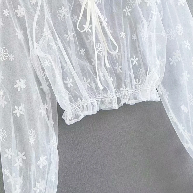 2018 Ins Summer New style see-through mesh embroidered lace blouse Sexy off shoulder Lace Blouse sunblock blouse 2 (2)