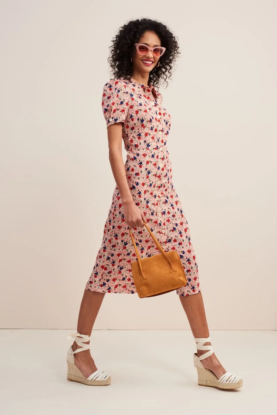

Women Dress 2019 Spring/Summer Vintage Waist Lapel Pink Print Midi Dress