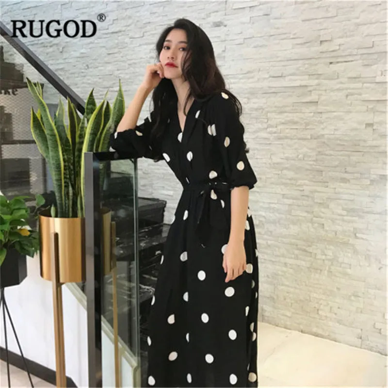 RUGOD 2019 الربيع الصيف النساء اللباس الخامس الرقبة نقطة خمر اللباس نصف الأكمام منتصف العجل مع الزنانير موديس موهير Vestidos