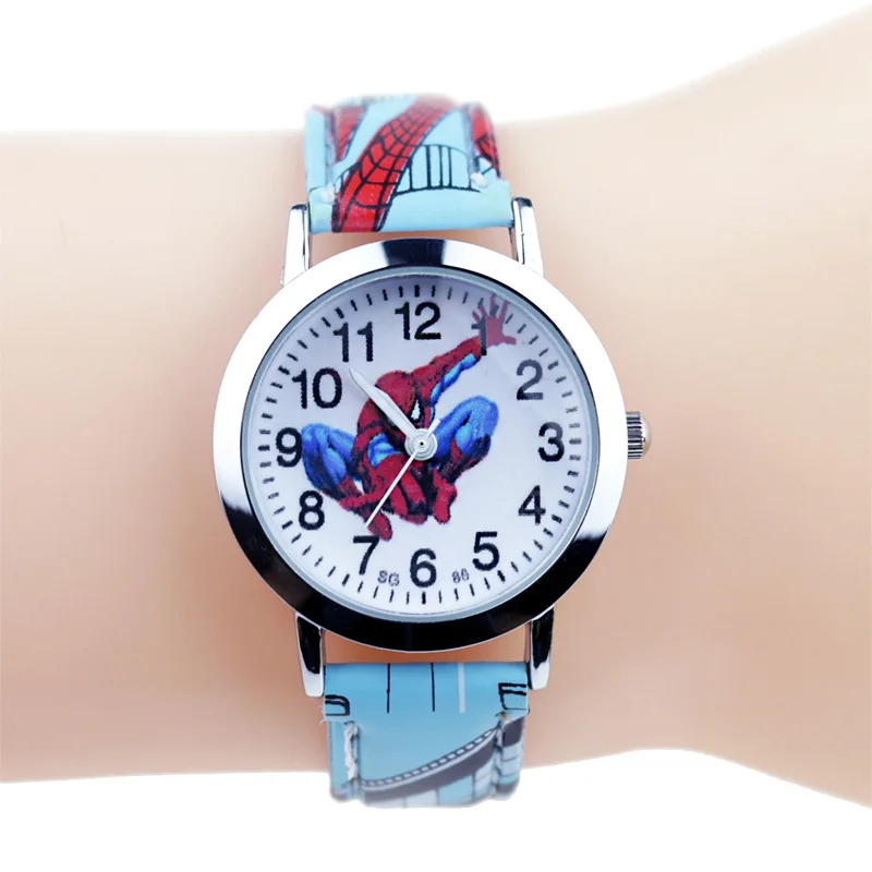 JOYROX Princess Elsa Pattern Girls Watch Cartoon Spiderman Boys Watches Leather Strap Wristwatch Kids Clock reloj de mujer - Цвет: Boy Light Blue