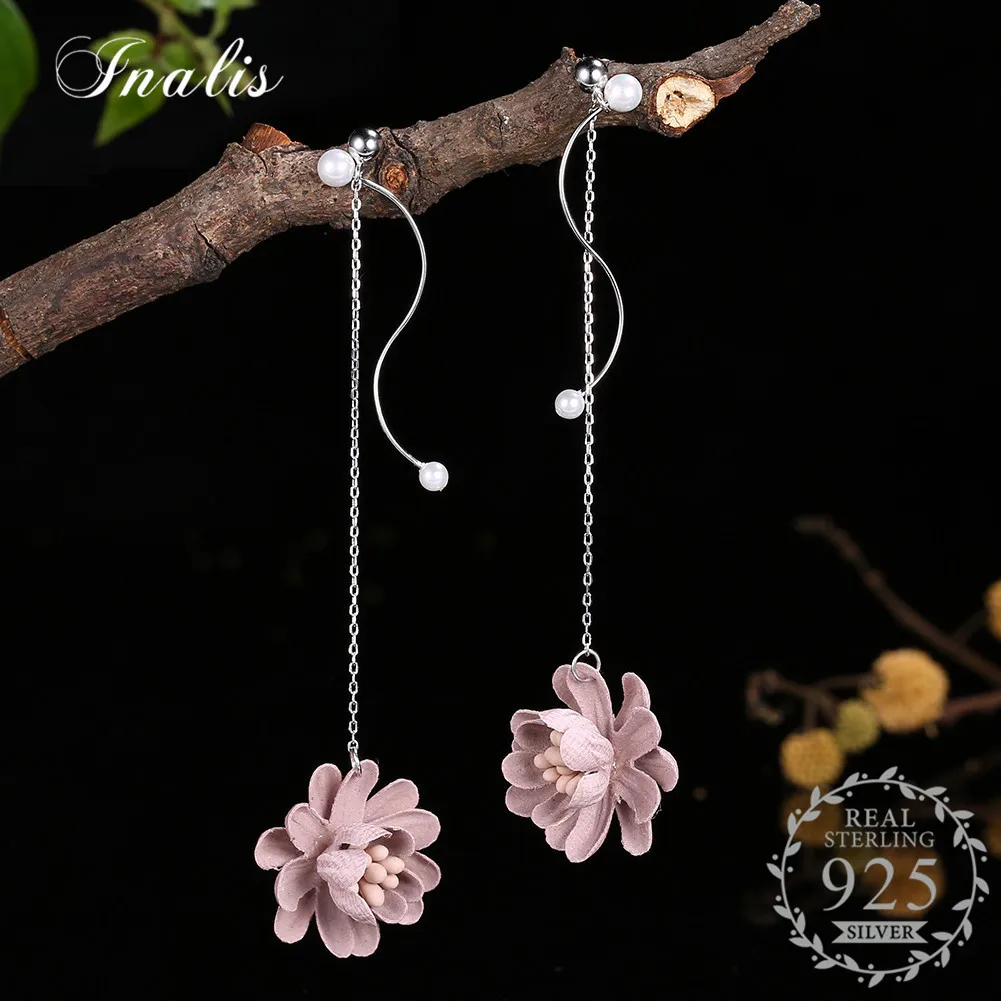 

INALIS 925 Sterling Silver Pink Flower Dangle Long Drop Earrings for Women Sweet Fashion Jewelry Gifts Boucles D'oreilles
