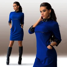 Solid Color!!!2016 summer polyester Women Three Quater Sleeve Dress PU Leather Sleeve Clubwear Dress top Hot sale!!