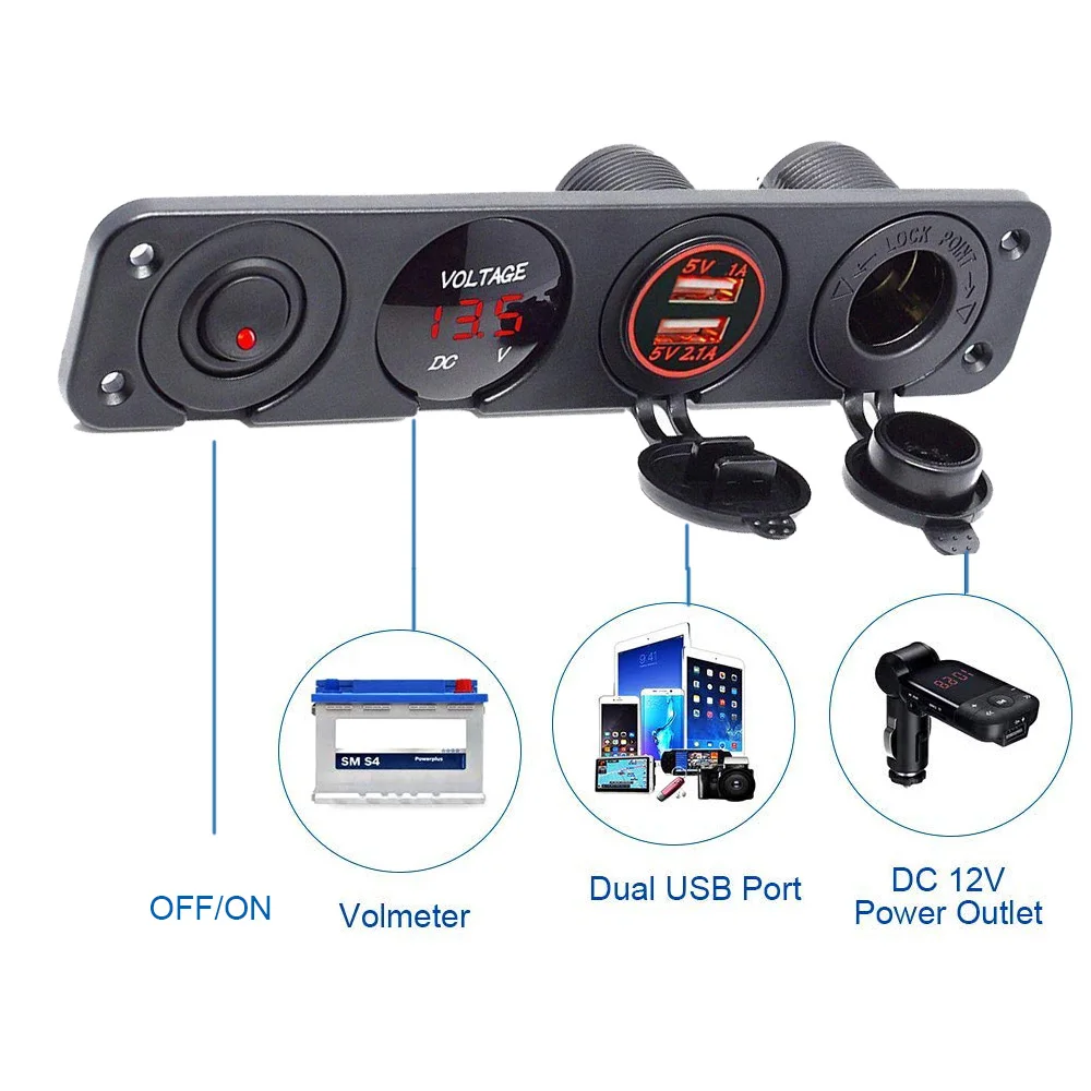 

New 4 Hole Switch Panel Dual USB Port 12 V Cigarette Lighter Socket Digital Voltmeter Switch Panl fit for Boat Car Truck