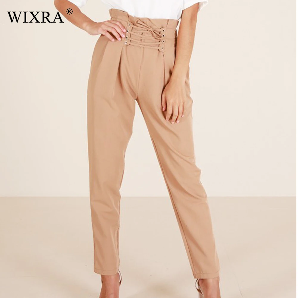 

Wixra Hot New Casual High Waist Harem Pants Lace up Solid Long Trousers Women Khaki Classic Color Women's Clothing