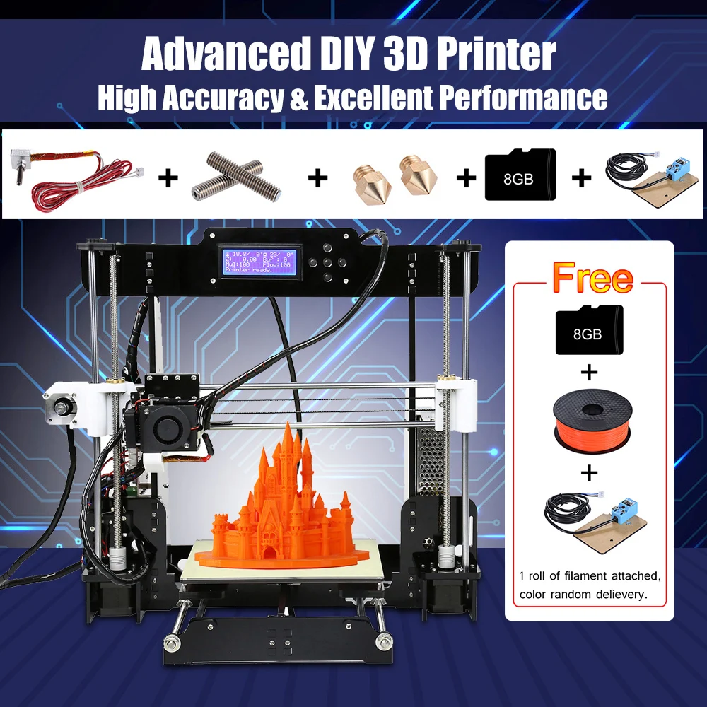 

Anet A8 Auto Leveling 3D Printer Kits&Memory Card&1 Roll of Filament&Extra Hot End Parts&2pcs Extruder Throat Tubes&2pcs Nozzle
