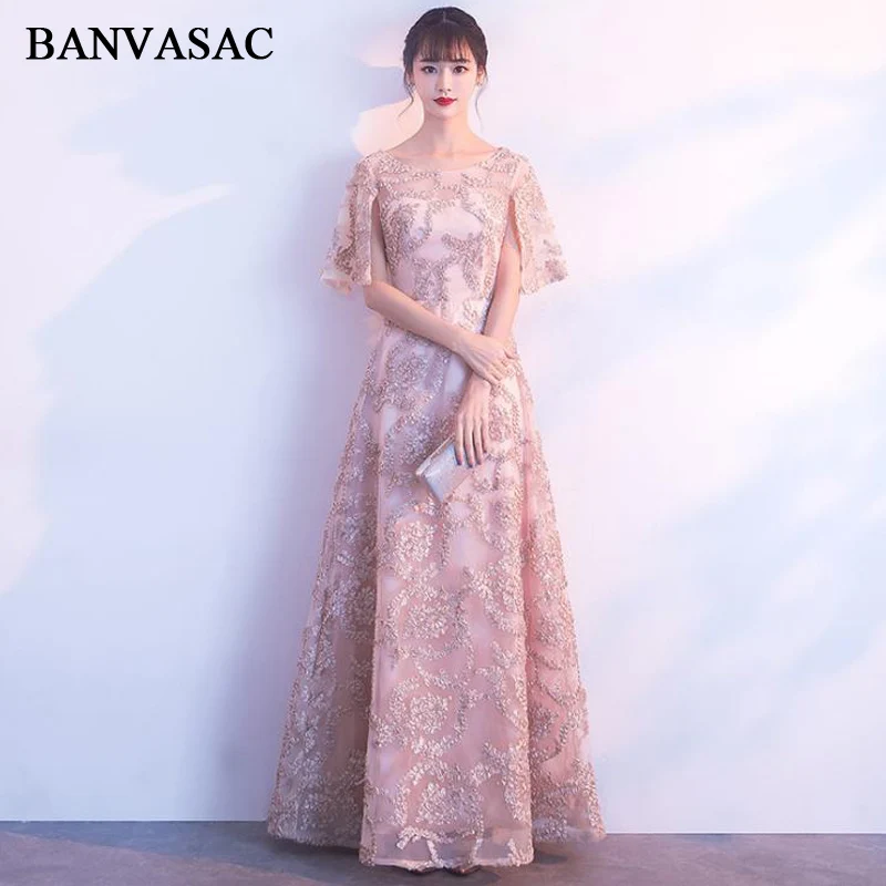 

BANVASAC 2018 Illusion O Neck Lace Appliques Long Evening Dresses Party A Line Half Sleeve Zipper Back Prom Gowns