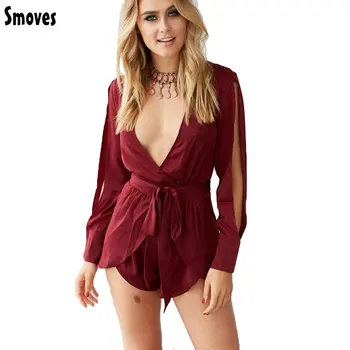 Smoves New Women Sexy V Plunging Neckline Split Sleeve Playsuit Romper Jumpsuit Casual Spliced Layered Shorts Ice-Blue Wine Red