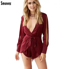 Smoves New Women Sexy V Plunging Neckline Split Sleeve Playsuit Romper Jumpsuit Casual Spliced Layered Shorts Ice-Blue Wine Red