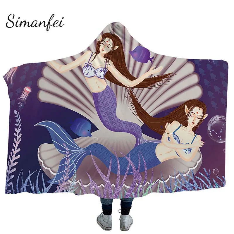

Simanfei 2019 Warm Hooded Blanket for Kids Adults Sherpa Fleece Mermaid Print Microfiber Wearable Blanket